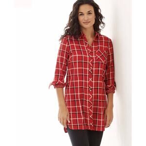 J. Jill Plaid Tunic Top Button Down Blouse Shirt Women's XS Pockets Long Red